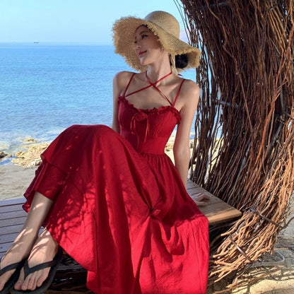 Spaghetti Strap Plain Ruffle Flower Detail Maxi Sundress