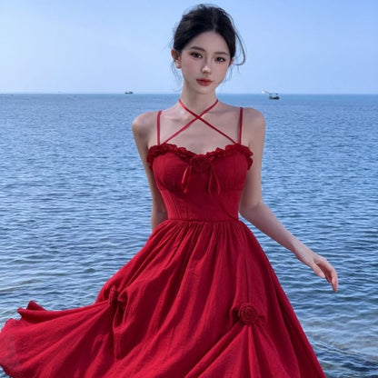 Spaghetti Strap Plain Ruffle Flower Detail Maxi Sundress