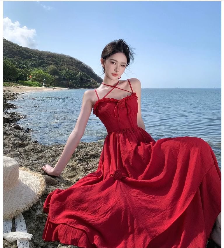 Spaghetti Strap Plain Ruffle Flower Detail Maxi Sundress