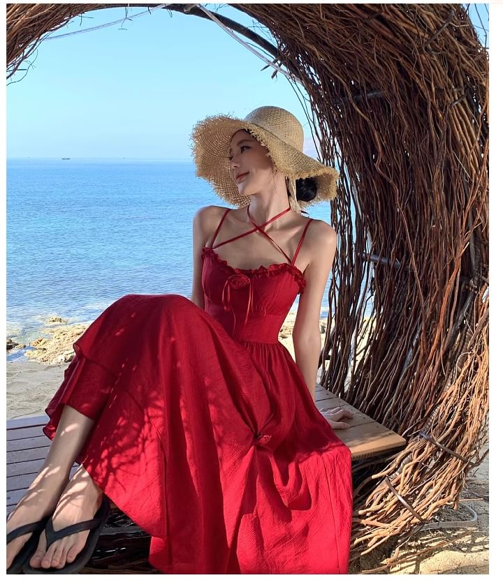 Spaghetti Strap Plain Ruffle Flower Detail Maxi Sundress