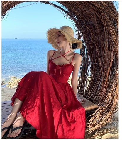 Spaghetti Strap Plain Ruffle Flower Detail Maxi Sundress