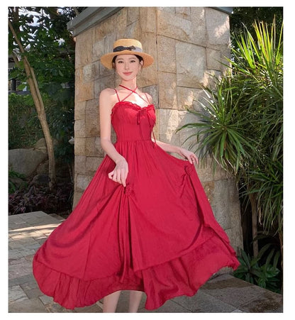Spaghetti Strap Plain Ruffle Flower Detail Maxi Sundress