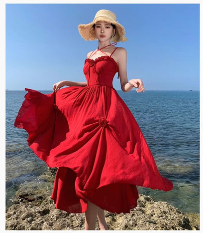 Spaghetti Strap Plain Ruffle Flower Detail Maxi Sundress