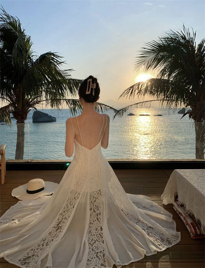 Spaghetti Strap Plain Lace Panel Open Back Maxi Sundress