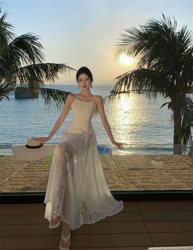 Spaghetti Strap Plain Lace Panel Open Back Maxi Sundress