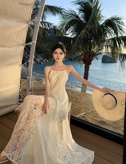 Spaghetti Strap Plain Lace Panel Open Back Maxi Sundress