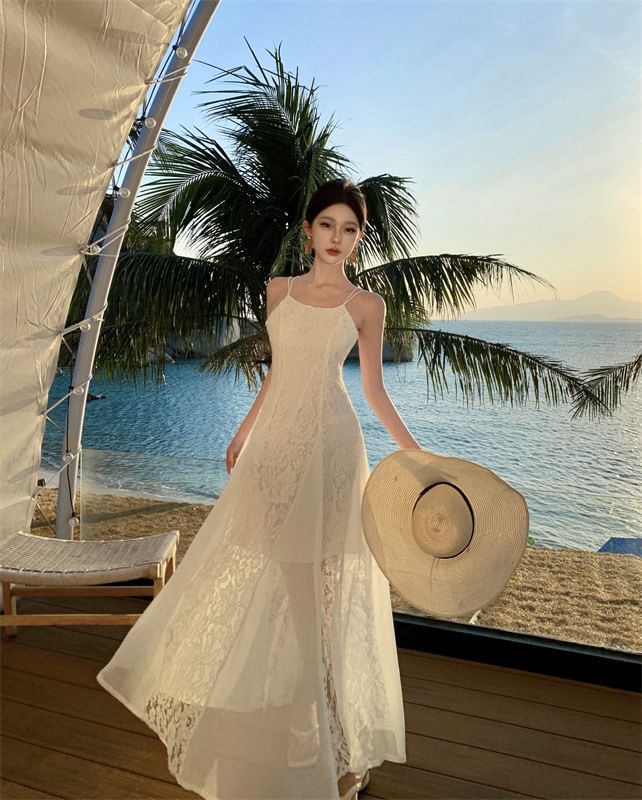 Spaghetti Strap Plain Lace Panel Open Back Maxi Sundress