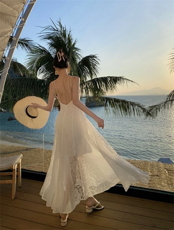 Spaghetti Strap Plain Lace Panel Open Back Maxi Sundress