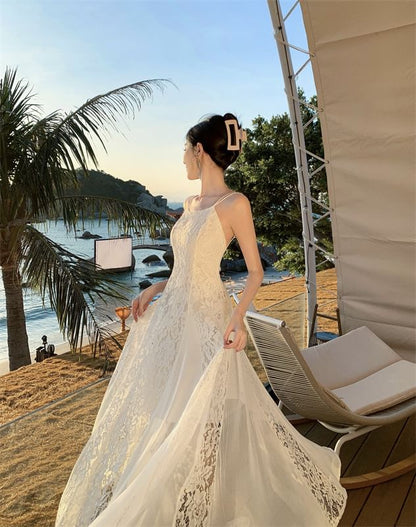 Spaghetti Strap Plain Lace Panel Open Back Maxi Sundress