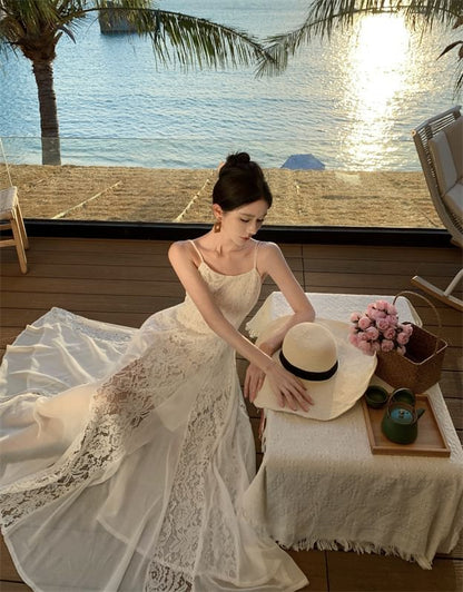 Spaghetti Strap Plain Lace Panel Open Back Maxi Sundress