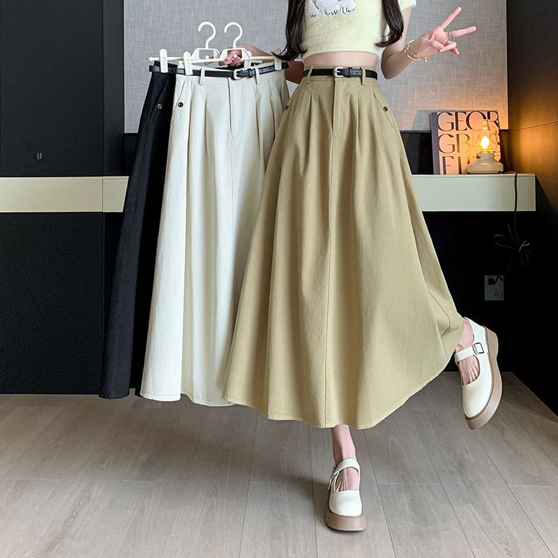 High Waist Plain Pleated Midi A-Line Denim Skirt