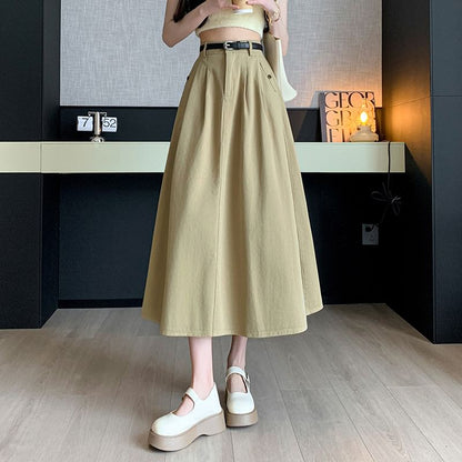 High Waist Plain Pleated Midi A-Line Denim Skirt