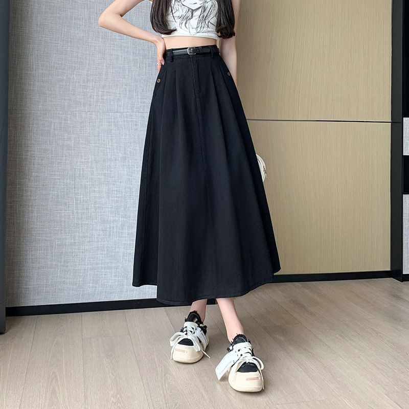 High Waist Plain Pleated Midi A-Line Denim Skirt