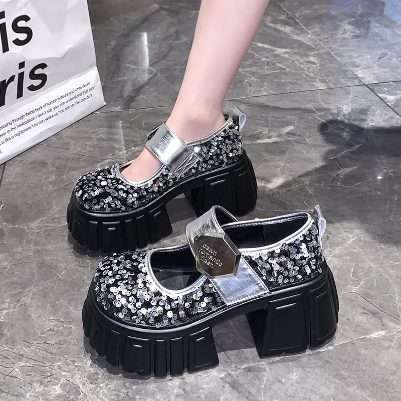Platform Sequined Mary Jane Shoes