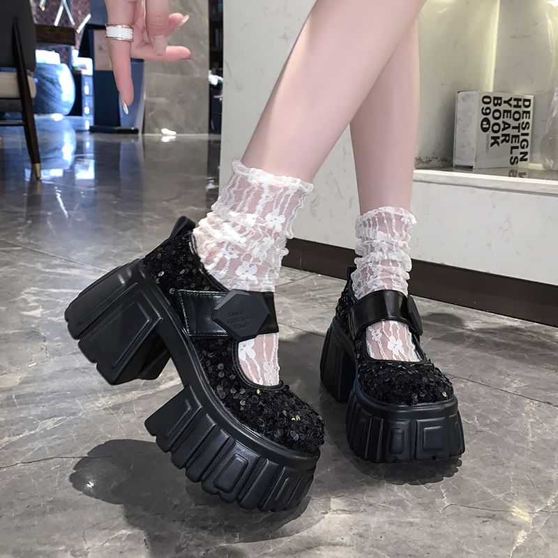 Platform Sequined Mary Jane Shoes