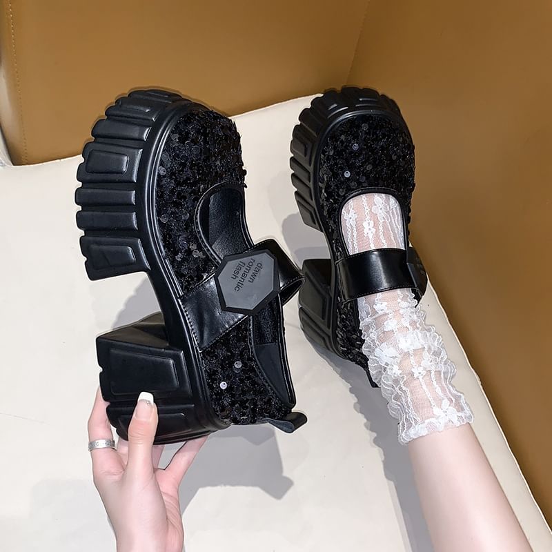 Platform Sequined Mary Jane Shoes