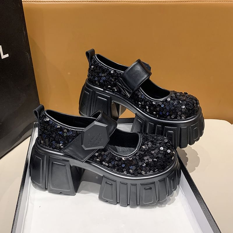 Platform Sequined Mary Jane Shoes