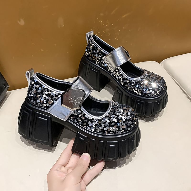 Platform Sequined Mary Jane Shoes