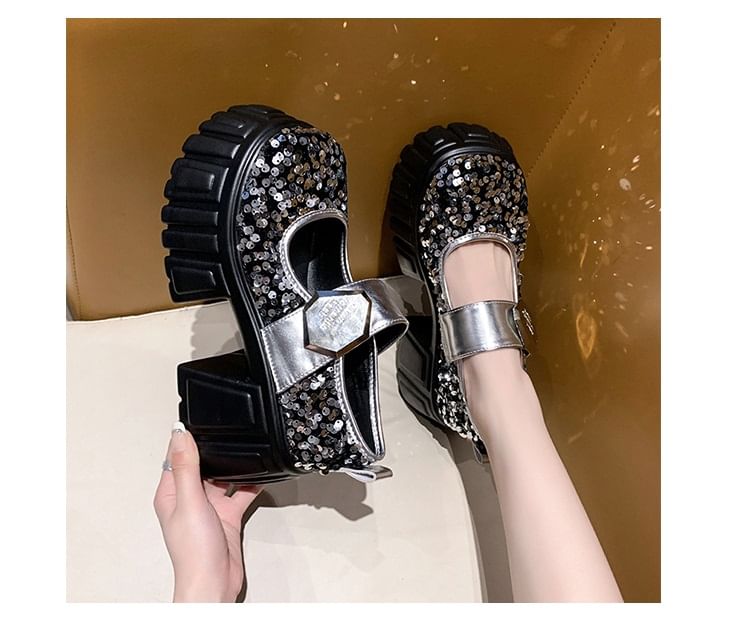Platform Sequined Mary Jane Shoes