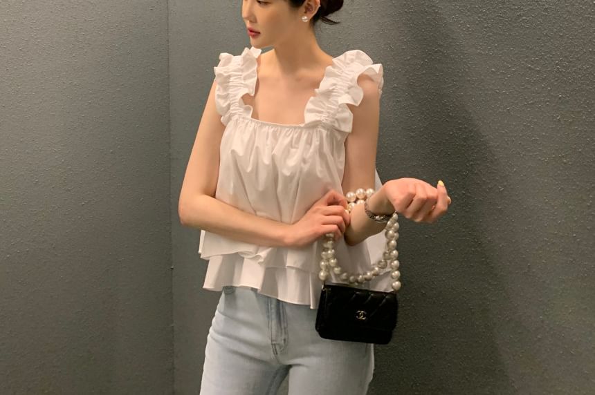 Sleeveless Square Neck Ruffle Plain Flowy Top