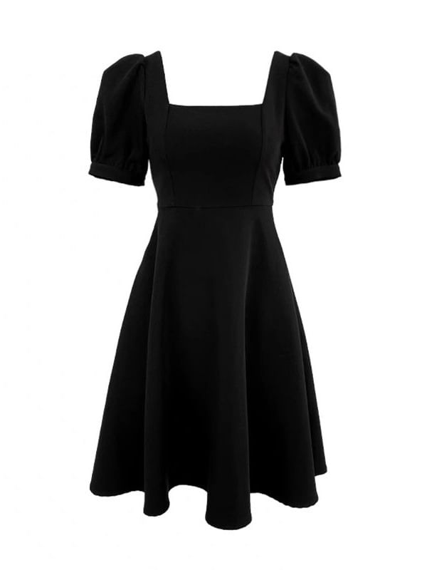 Square Puff Dress A-Line Plain Neck Mini Sleeve