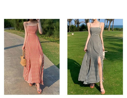 Spaghetti Dress Slit Strap A-Line Maxi Houndstooth
