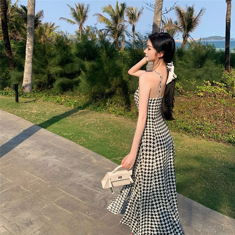 Spaghetti Dress Slit Strap A-Line Maxi Houndstooth