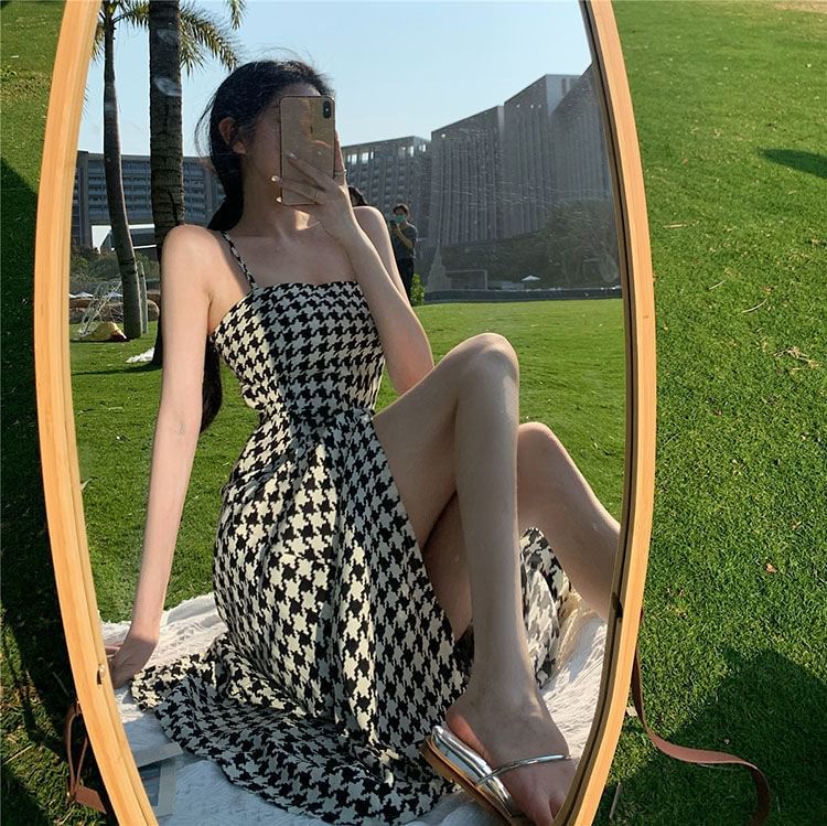 Spaghetti Dress Slit Strap A-Line Maxi Houndstooth