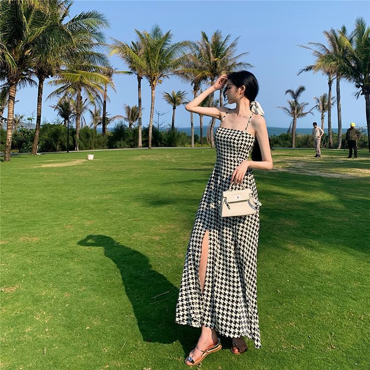 Spaghetti Dress Slit Strap A-Line Maxi Houndstooth