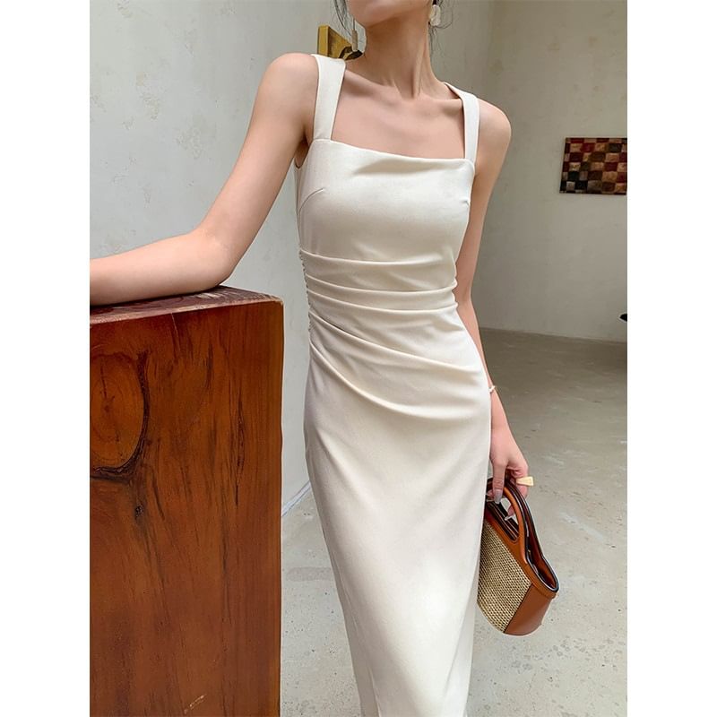Sheath Dress Neck Sleeveless Ruched Midi Plain Square