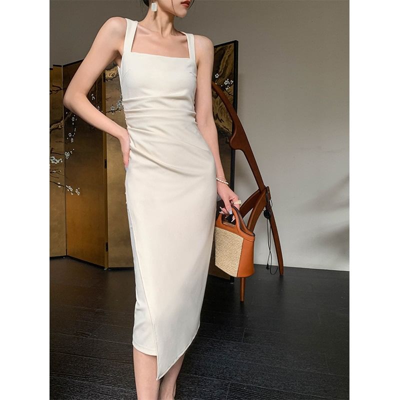 Sheath Dress Neck Sleeveless Ruched Midi Plain Square