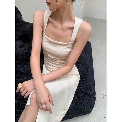 Sleeveless Square Neck Plain Ruched Midi Sheath Dress