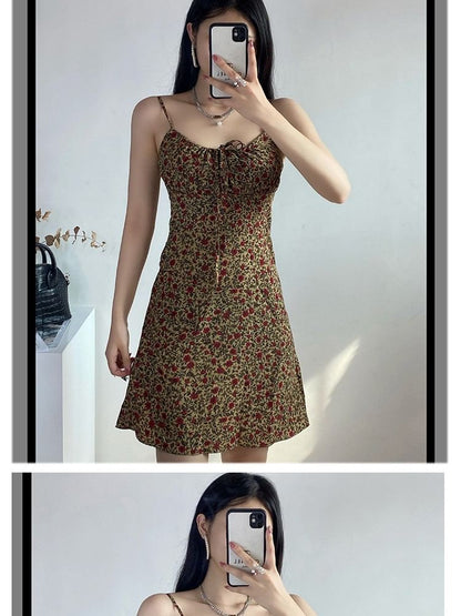 Spaghetti Strap Floral Print Tie Front Mini A-Line Dress