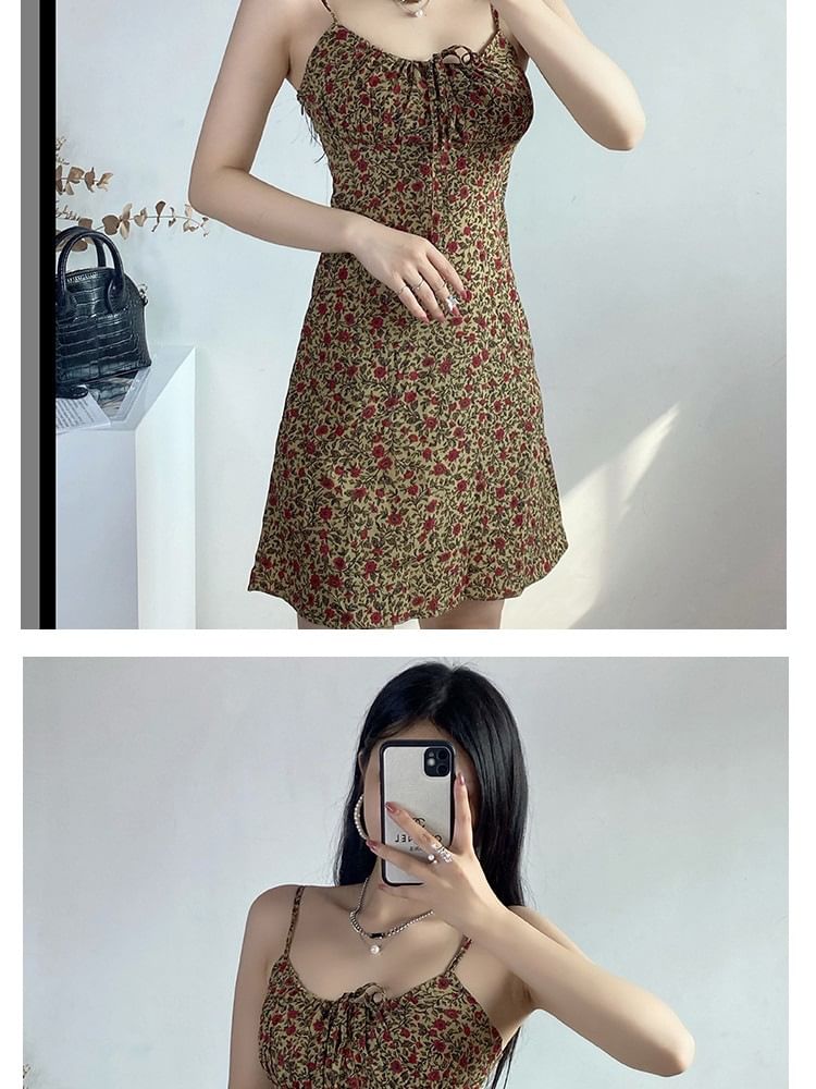 Spaghetti Strap Floral Print Tie Front Mini A-Line Dress