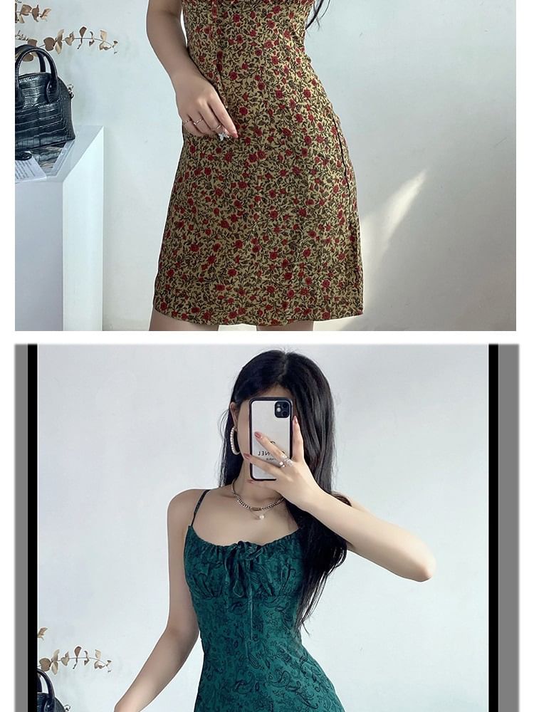 Mini Floral Tie Strap A-Line Dress Spaghetti Front Print