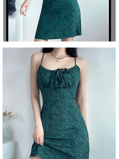 Spaghetti Strap Floral Print Tie Front Mini A-Line Dress