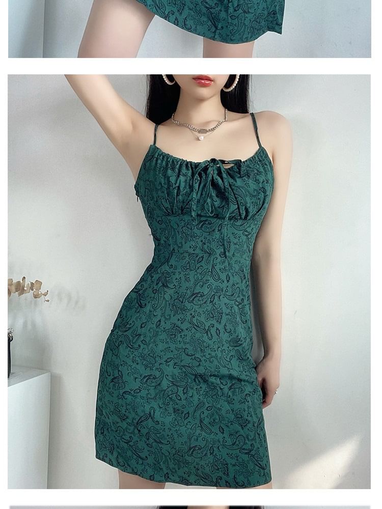 Mini Floral Tie Strap A-Line Dress Spaghetti Front Print