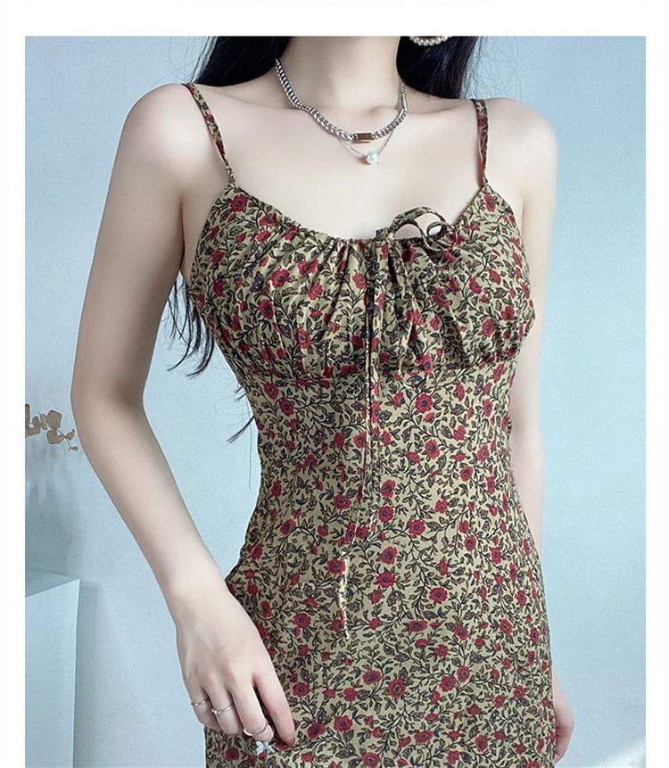 Spaghetti Strap Floral Print Tie Front Mini A-Line Dress