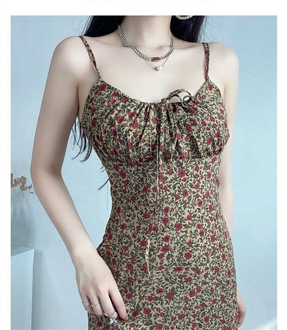 Spaghetti Strap Floral Print Tie Front Mini A-Line Dress