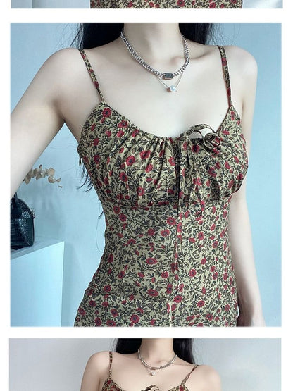 Spaghetti Strap Floral Print Tie Front Mini A-Line Dress