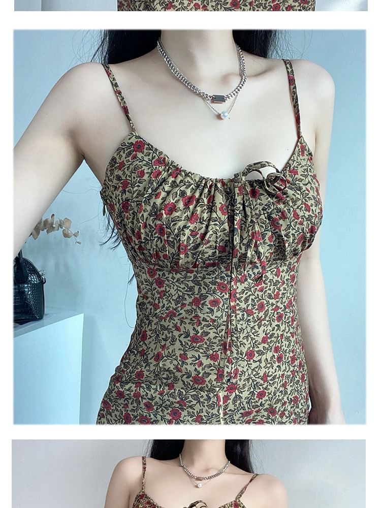 Mini Floral Tie Strap A-Line Dress Spaghetti Front Print
