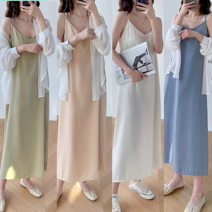 Thin Strap V-Neck Simple Backless Slit Midi Shift Dress