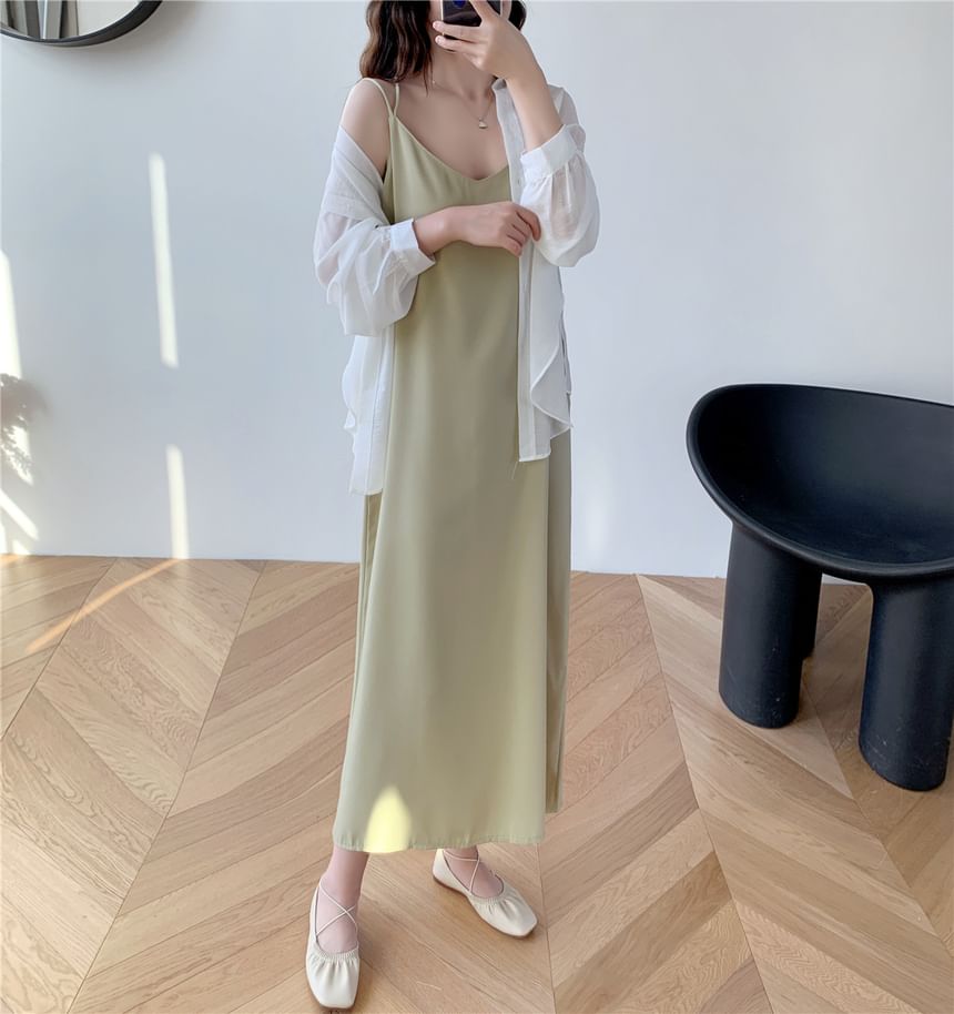 Thin Strap V-Neck Simple Backless Slit Midi Shift Dress