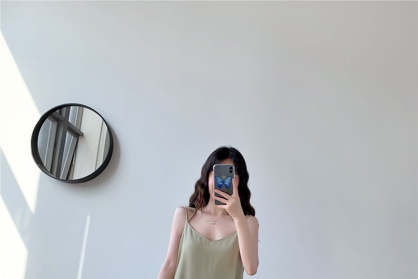 Thin Strap V-Neck Simple Backless Slit Midi Shift Dress