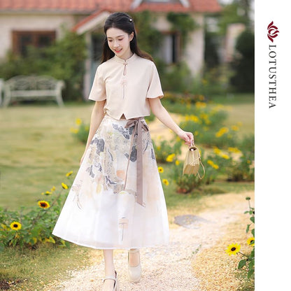 Short-Sleeve Floral Embroidered Keyhole Crop Blouse / High Waist Printed Midi Ma Mian Skirt