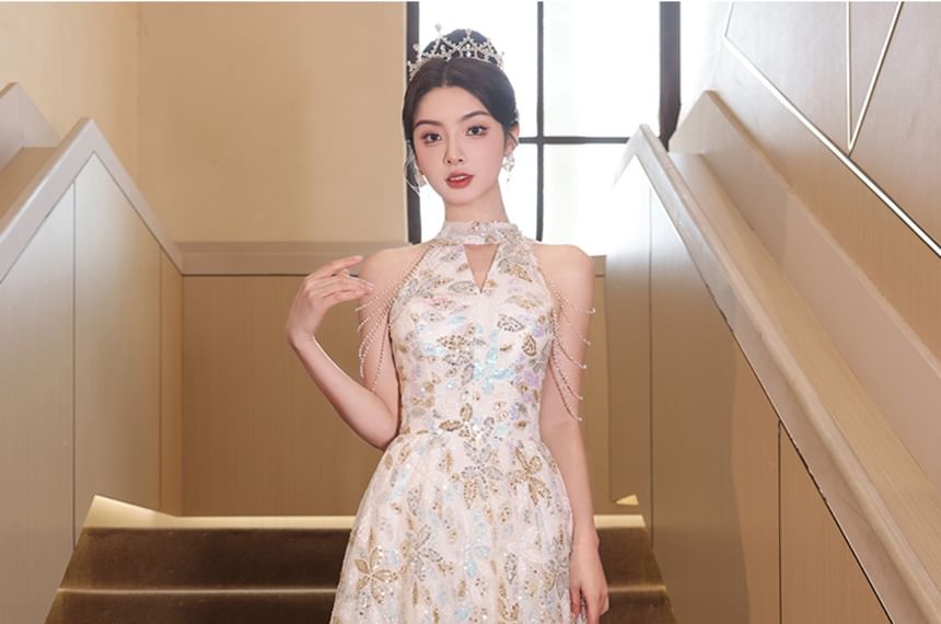 Rhinestone Flower Embroidered A-Line Evening Gown