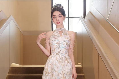 Rhinestone Flower Embroidered A-Line Evening Gown