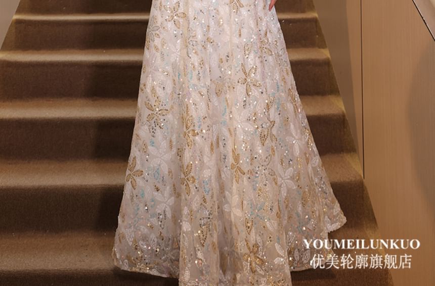 Rhinestone Flower Embroidered A-Line Evening Gown