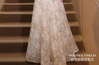Rhinestone Flower Embroidered A-Line Evening Gown