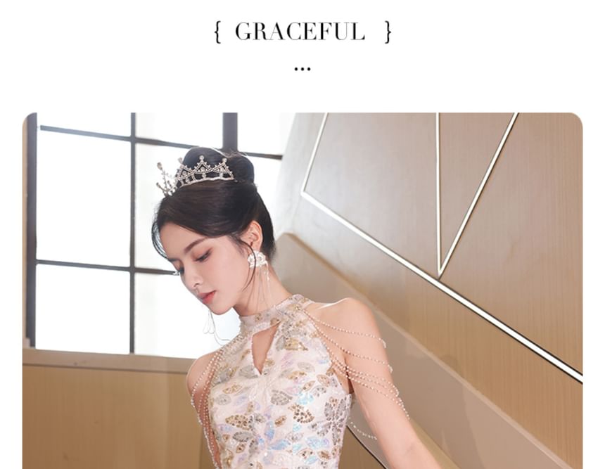 Rhinestone Flower Embroidered A-Line Evening Gown